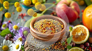 Bowl of colorful bee pollen grains on a wooden table. Nutritious pollen surrounded by natural flowers and fruit. Concept