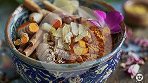 A bowl of colorful es including turmeric ginger and cinnamon commonly used in traditional medicine for their photo