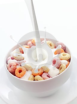 Bowl of colorful fruit loops breakfast cereal