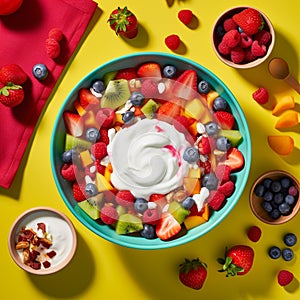 A bowl of colorful fruit salad with a dollop of Greek yogurt