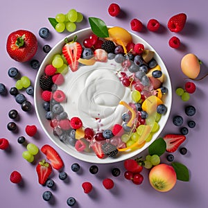 A bowl of colorful fruit salad with a dollop of Greek yogurt