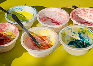 Bowl with a colorful slime, making a slime at a birthday party, children`s games - making a slime