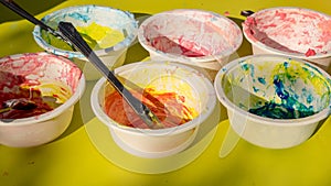 Bowl with a colorful slime, making a slime at a birthday party, children`s games - making a slime