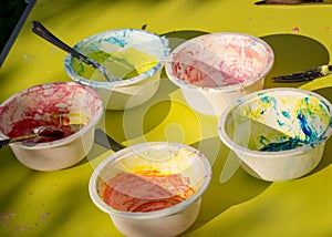 Bowl with a colorful slime, making a slime at a birthday party, children`s games - making a slime