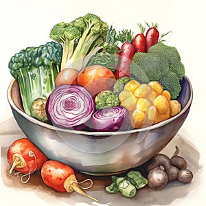 A bowl of colorful vegetables in a watercolor painting that highlights the natural beauty and diversity of vegetables