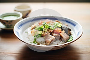 bowl of congee with century egg and pork