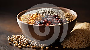 A bowl containing an assortment of grains and a pile of freshly harvested corn