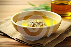 A bowl containing oil, hemp seeds, and marijuana leaves, presented in isolation against a white background, creates a visually