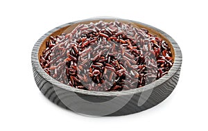 Bowl of cooked brown rice on white