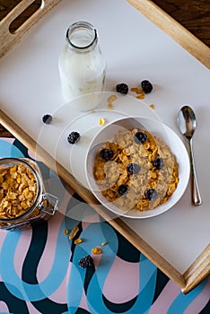 Bowl of corn flakes with blackberries next to the milk and corn flake jars