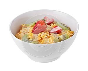 Bowl of corn flakes with fruit