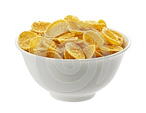 Bowl of corn flakes isolated on white background, top view