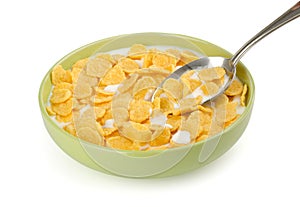 Bowl of corn flakes with milk