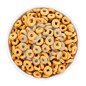 Bowl with corn rings isolated on white background. Cereals.