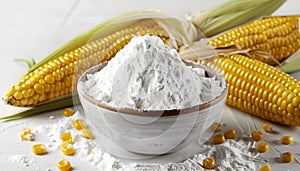 Bowl with corn starch, ripe cobs and kernels on white table