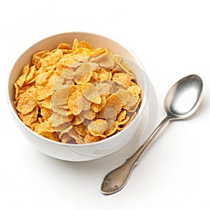 Bowl of cornflakes isolated on white background photo