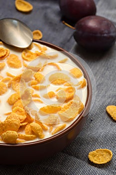 A bowl of cornflakes with milk. Morning breakfast