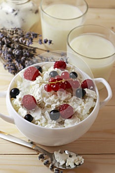 Bowl with cottage cheese and fresh berries on wooden table