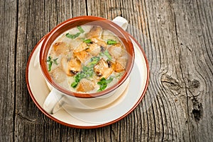 Bowl of cream of mushroom soup with fried mushrooms