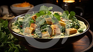 A Bowl of Creamy and Aromatic Thai Green Curry with Vegetables and Tofu