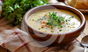 Bowl of creamy potato soup on wooden table, cooking and healthy eating concept