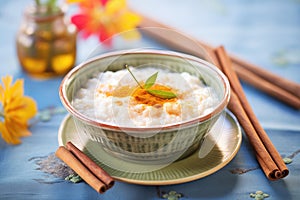 a bowl of creamy rice pudding with a cinnamon stick garnish