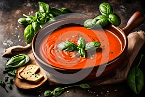 A bowl of creamy tomato soup with a garnish of fresh basil leaves