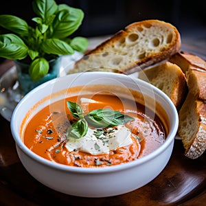 A bowl of creamy tomato soup, garnished with a dollop of sour cream