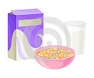 Bowl of Crispy Cereal or Muesli with Glass of Milk Rested Nearby Vector Composition