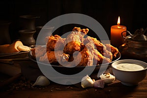 A bowl of crispy fried chicken wings served on a rustic wooden table with lit by candlelight. Unhealthy food concept