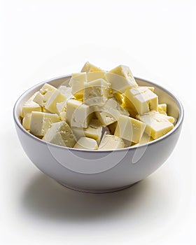 A bowl of cubed cheese on a white background photo