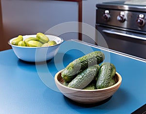 bowl of cucumbers sits atop a blue counter with an adjacent bowl of cucumbers photo