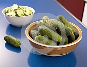 bowl of cucumbers sits atop a blue counter with an adjacent bowl of cucumbers photo