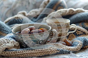 A bowl of dates, coffee and tea on a backdrop with a blanket
