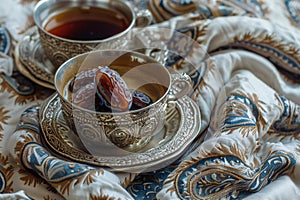 A bowl of dates, coffee and tea on a backdrop with a blanket