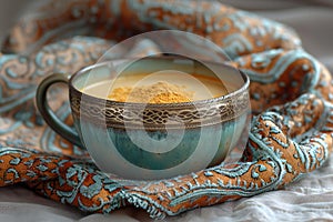 A bowl of dates, coffee and tea on a backdrop with a blanket