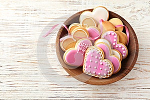 Bowl with decorated heart shaped cookies