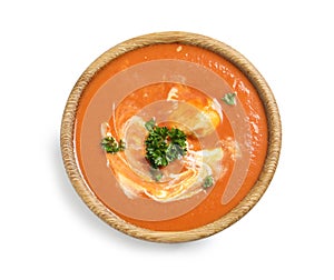 Bowl of delicious butter chicken on white background, top view.