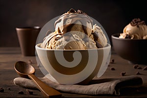 Bowl of delicious coffee ice cream on dark background