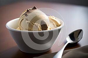 Bowl of delicious coffee ice cream on dark background