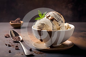 Bowl of delicious coffee ice cream on dark background