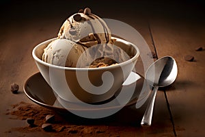 Bowl of delicious coffee ice cream on dark background