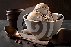 Bowl of delicious coffee ice cream on dark background