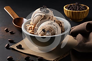 Bowl of delicious coffee ice cream on dark background