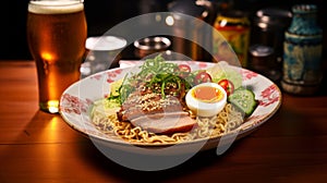 Iconic Japanese Ramen Noodle And Beer In Duckcore Style photo