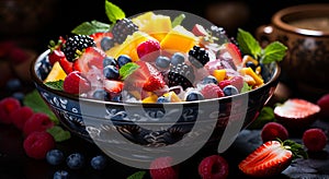 A bowl of delicious fruit salad on a table. A bowl of fruit salad on a table
