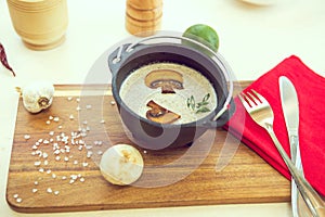 Bowl of delicious homemade cream of mushroom soup