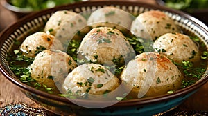 Bowl of delicious matzah balls in broth