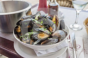 A bowl of delicious moules mariniere (mussels)