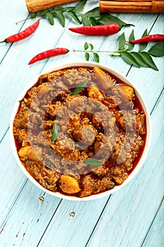 Bowl of Delicious mutton meat curry -Indian cuisines.